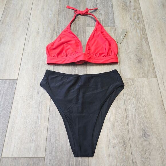 J. Crew Aerie Mixed Bikini Set Red Halter Bikini Top High Cheeky Women's Medium - Picture 1 of 12